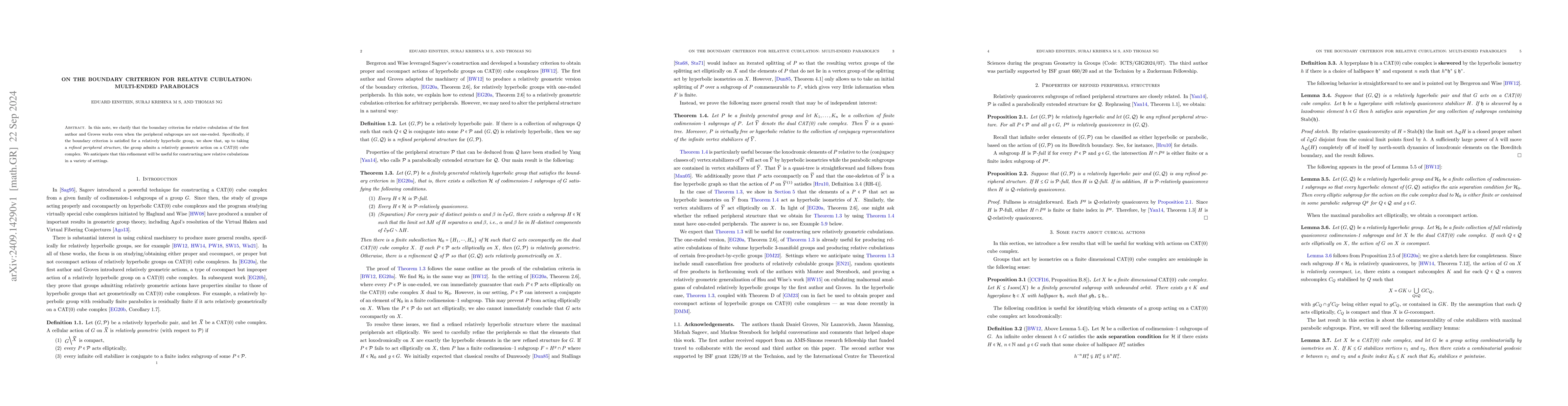 Thumbnail for On the boundary criterion for relative cubulation: multi-ended
  parabolics