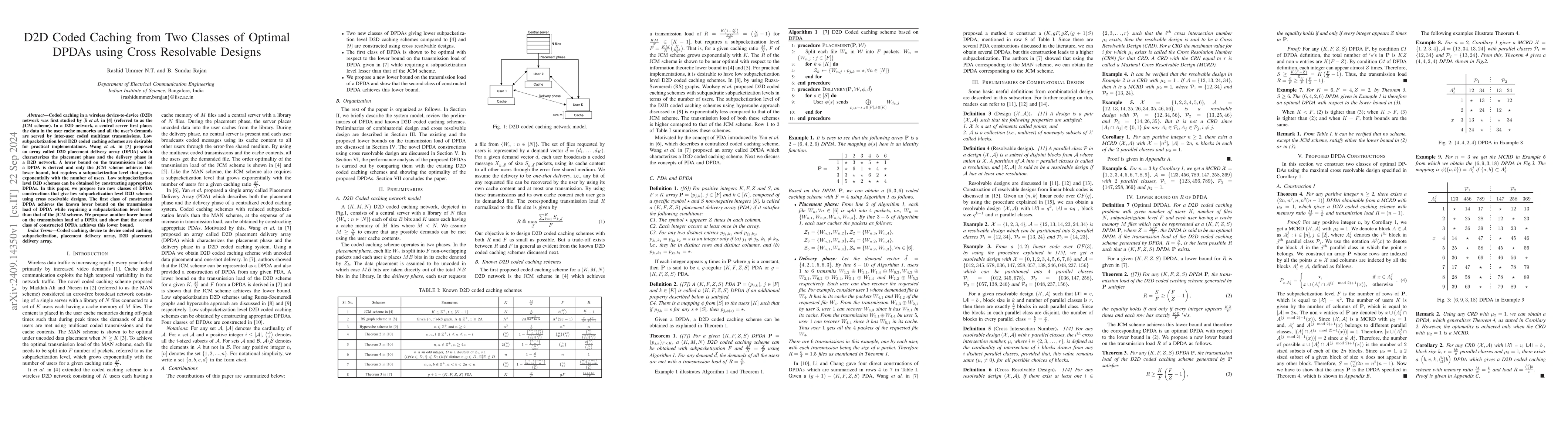 Thumbnail for D2D Coded Caching from Two Classes of Optimal DPDAs using Cross
  Resolvable Designs