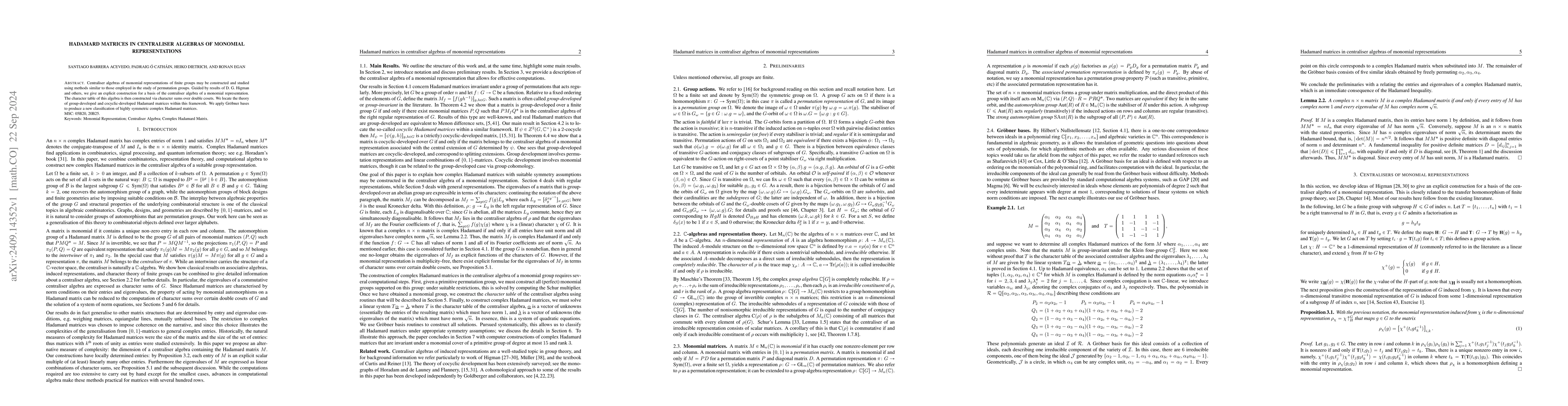 Thumbnail for Hadamard matrices in centraliser algebras of monomial representations