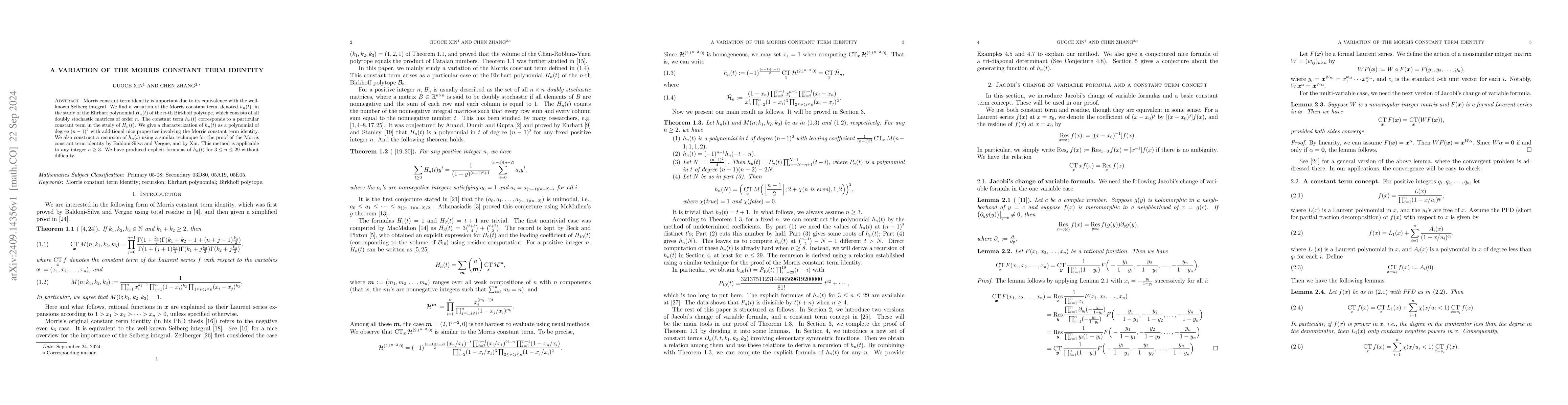Thumbnail for A variation of the Morris constant term identity