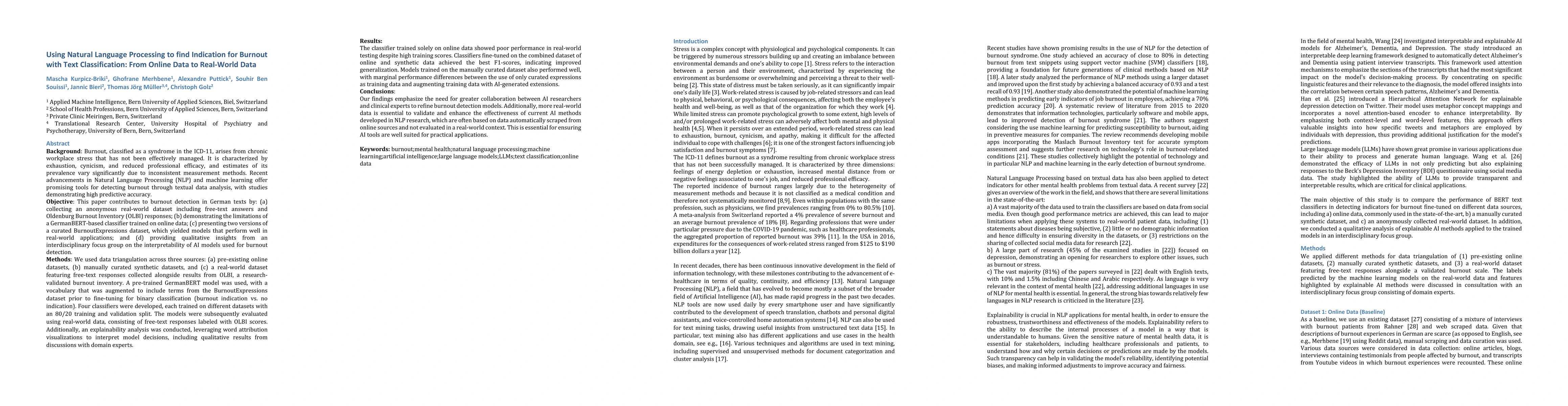 Thumbnail for Using Natural Language Processing to find Indication for Burnout with
  Text Classification: From Online Data to Real-World Data