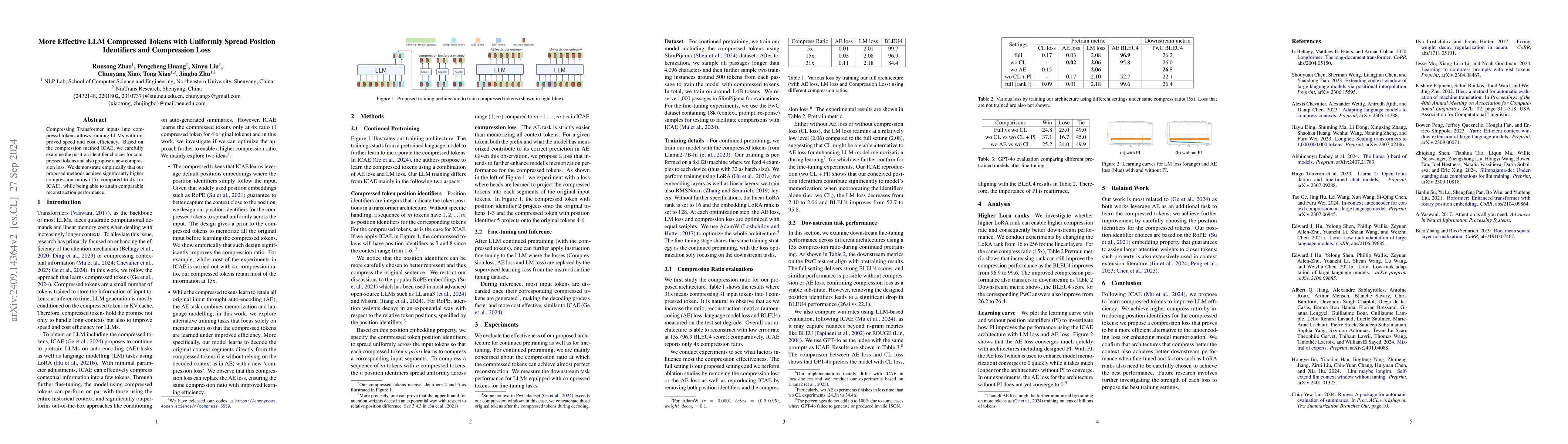Thumbnail for More Effective LLM Compressed Tokens with Uniformly Spread Position
  Identifiers and Compression Loss