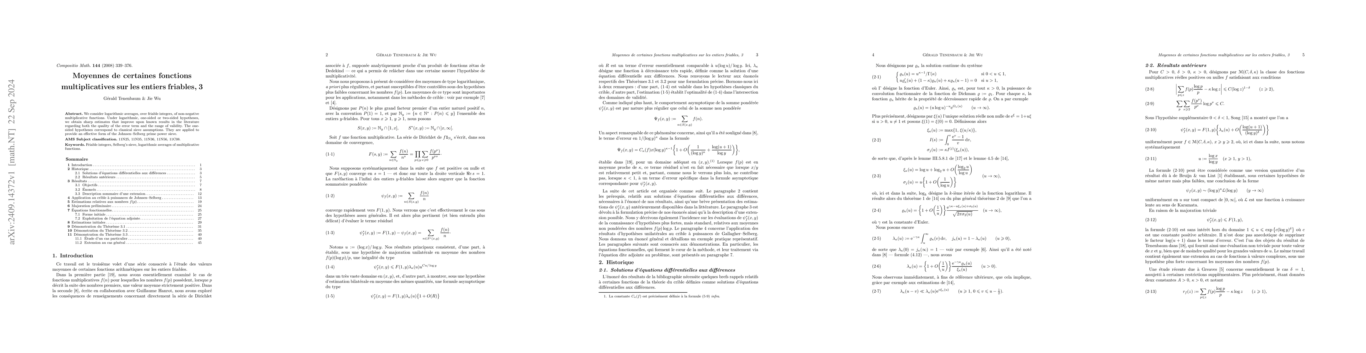 Thumbnail for Moyennes de certaines fonctions multiplicatives sur les entiers
  friables, 3