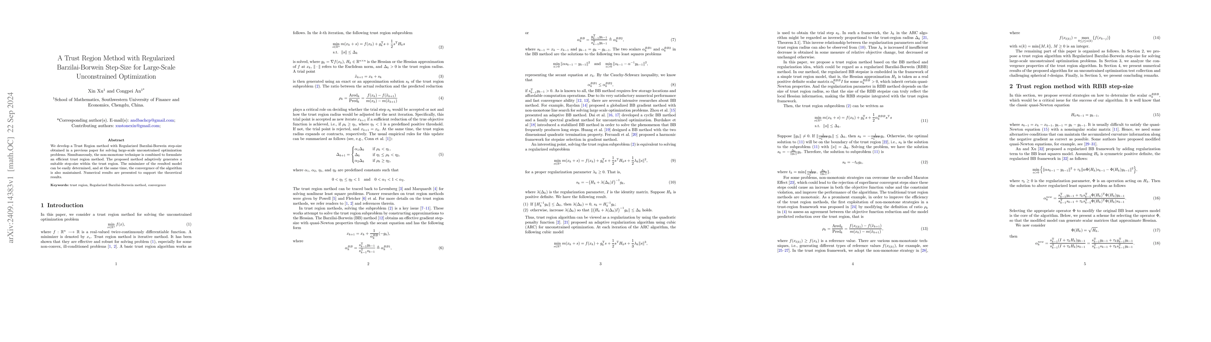 Thumbnail for A Trust Region Method with Regularized Barzilai-Borwein Step-Size for
  Large-Scale Unconstrained Optimization