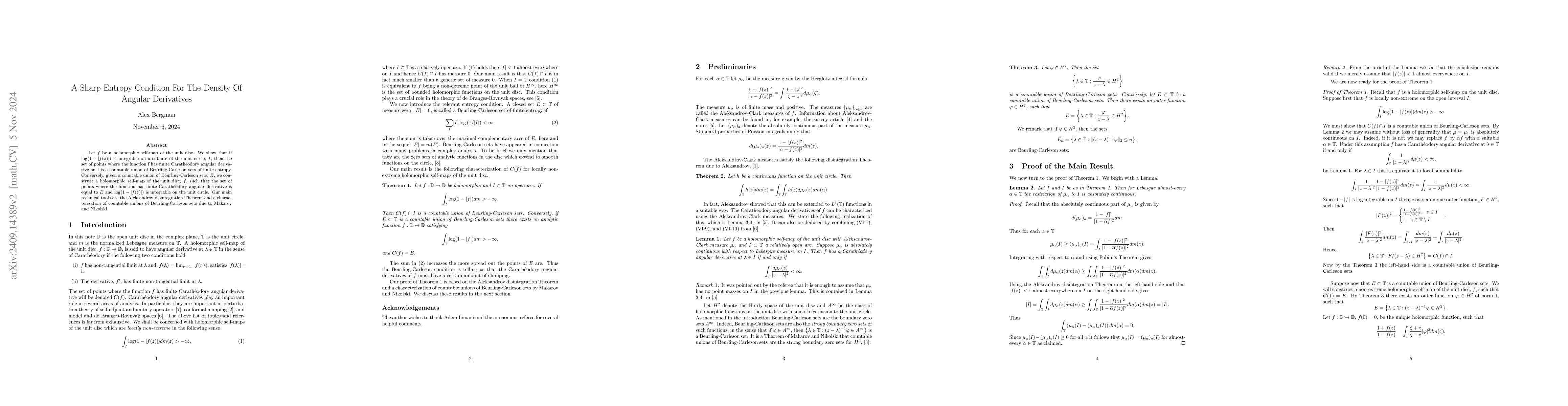Thumbnail for A Sharp Entropy Condition For The Density Of Angular Derivatives