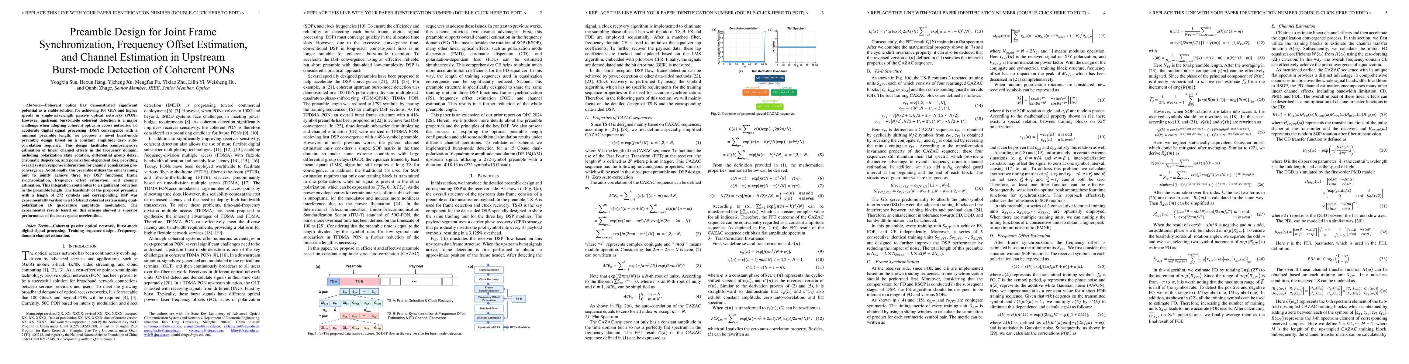 Thumbnail for Preamble Design for Joint Frame Synchronization, Frequency Offset
  Estimation, and Channel Estimation in Upstream Burst-mode Detection of
  Coherent PONs