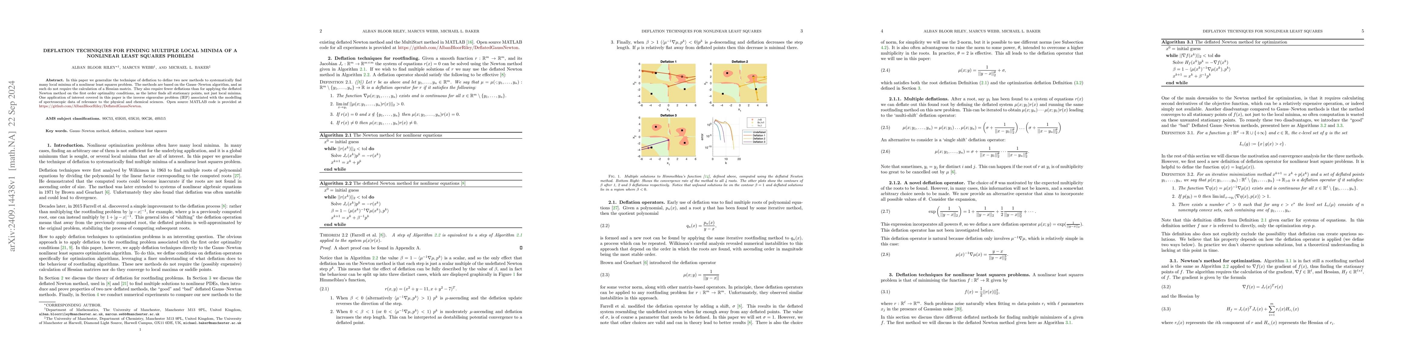 Thumbnail for Deflation Techniques for Finding Multiple Local Minima of a Nonlinear
  Least Squares Problem