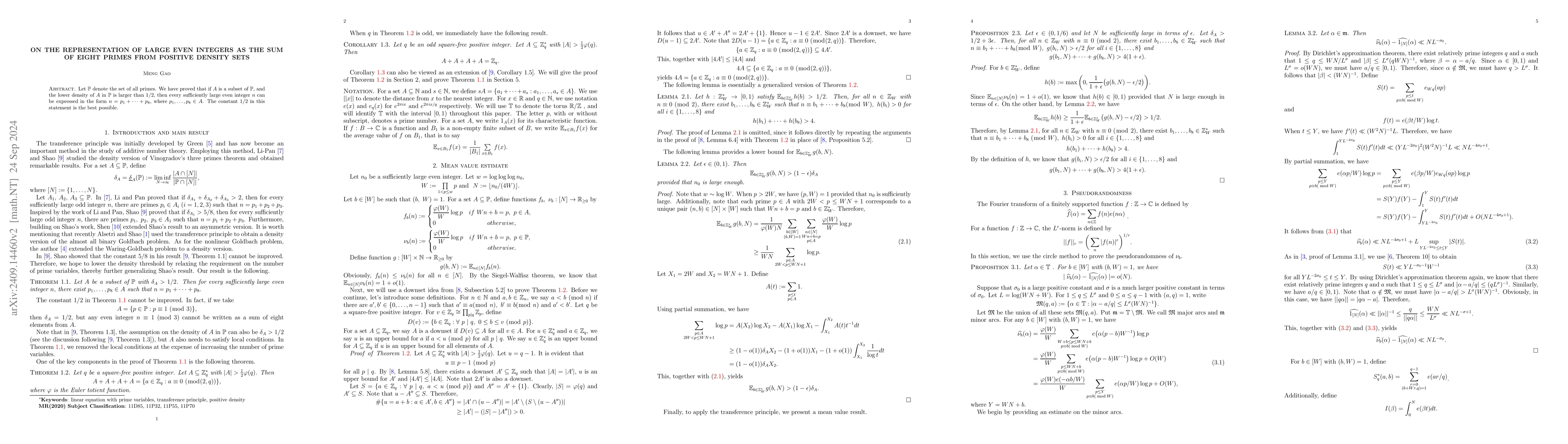 Thumbnail for On the representation of large even integers as the sum of eight primes
  from positive density sets