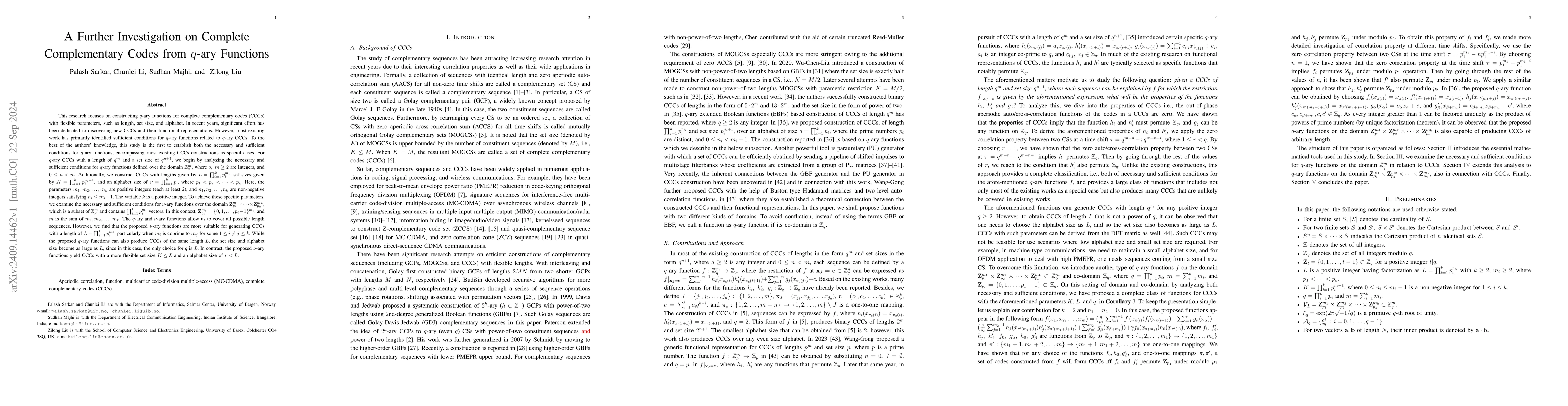 Thumbnail for A Further Investigation on Complete Complementary Codes from $q$-ary
  Functions