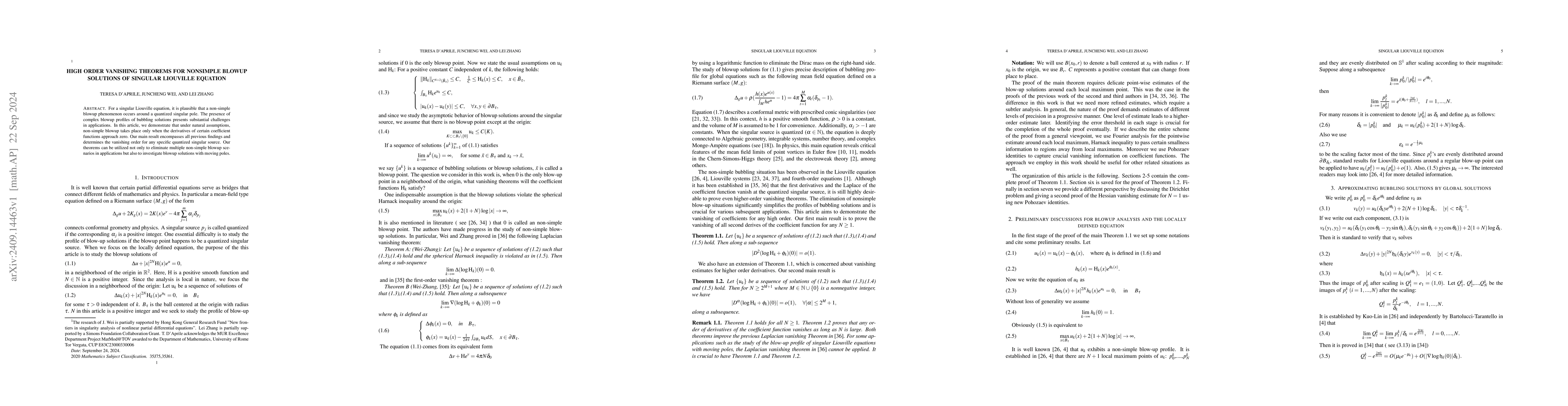 Thumbnail for High Order Vanishing Theorems for Nonsimple Blowup Solutions of Singular
  Liouville Equation