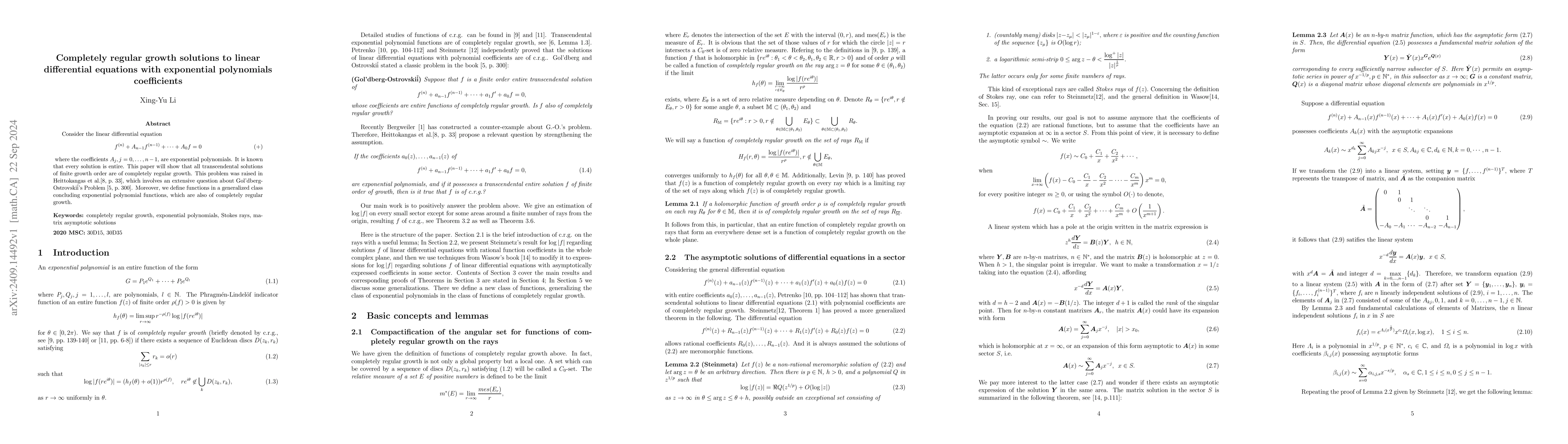 Thumbnail for Completely regular growth solutions to linear differential equations
  with exponential polynomials coefficients