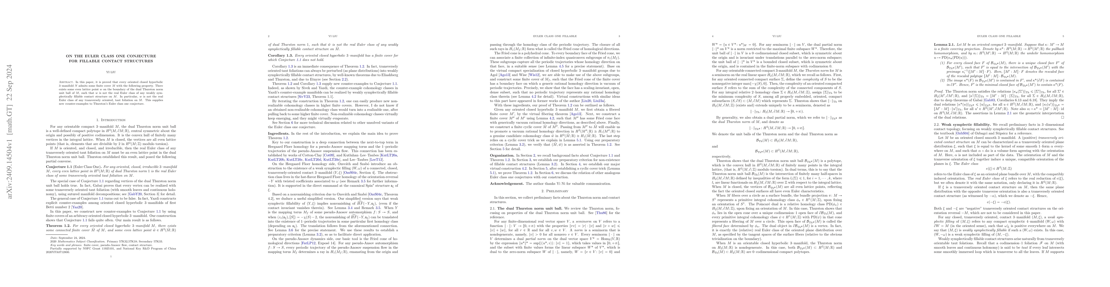 Thumbnail for On the Euler class one conjecture for fillable contact structures