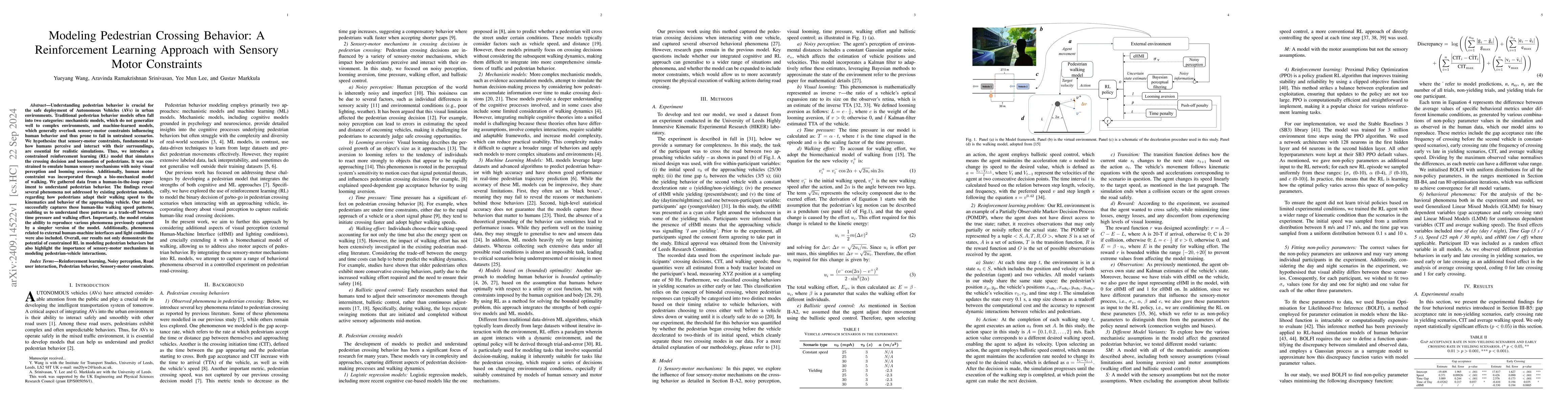 Thumbnail for Modeling Pedestrian Crossing Behavior: A Reinforcement Learning Approach
  with Sensory Motor Constraints