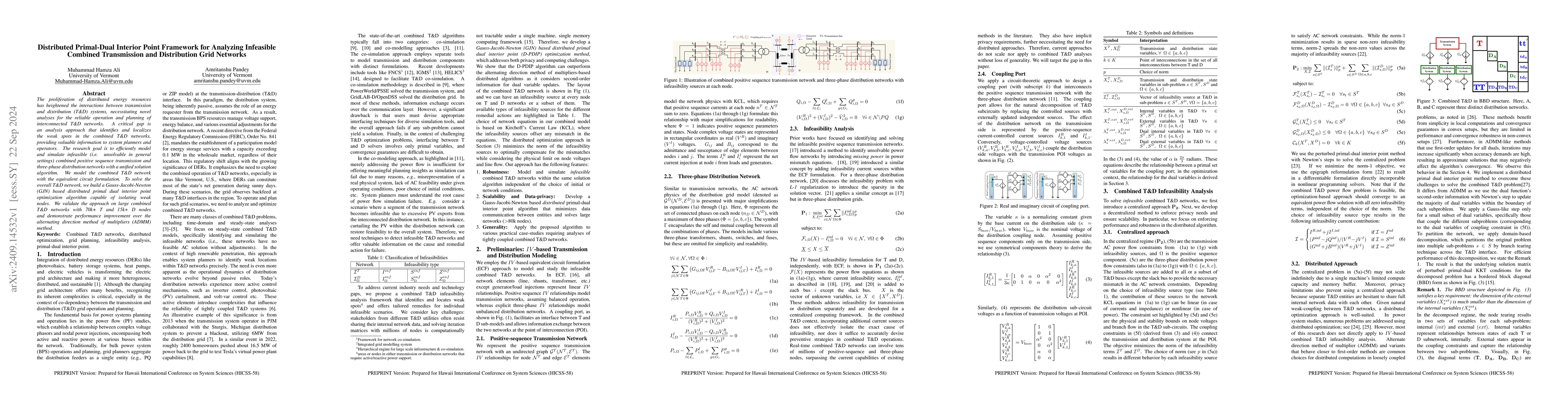 Thumbnail for Distributed Primal-Dual Interior Point Framework for Analyzing
  Infeasible Combined Transmission and Distribution Grid Networks
