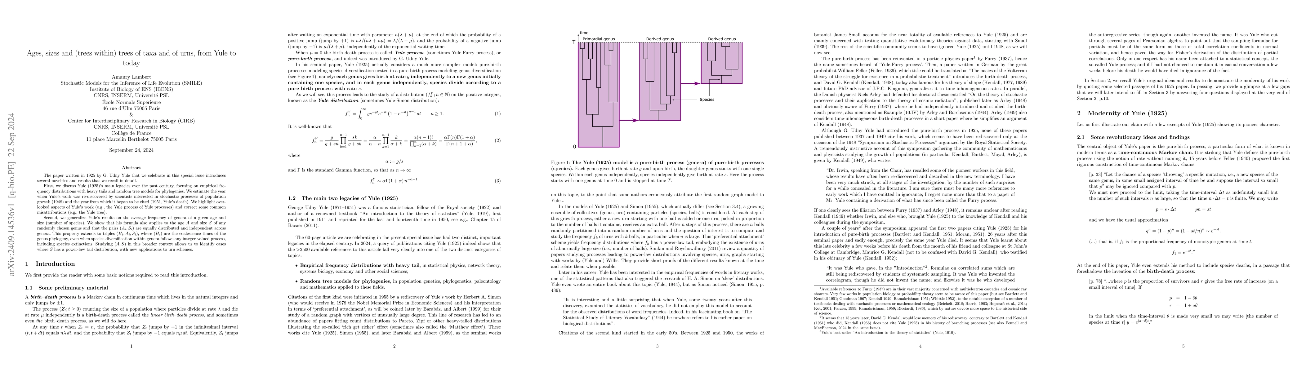 Thumbnail for Ages, sizes and (trees within) trees of taxa and of urns, from Yule to
  today