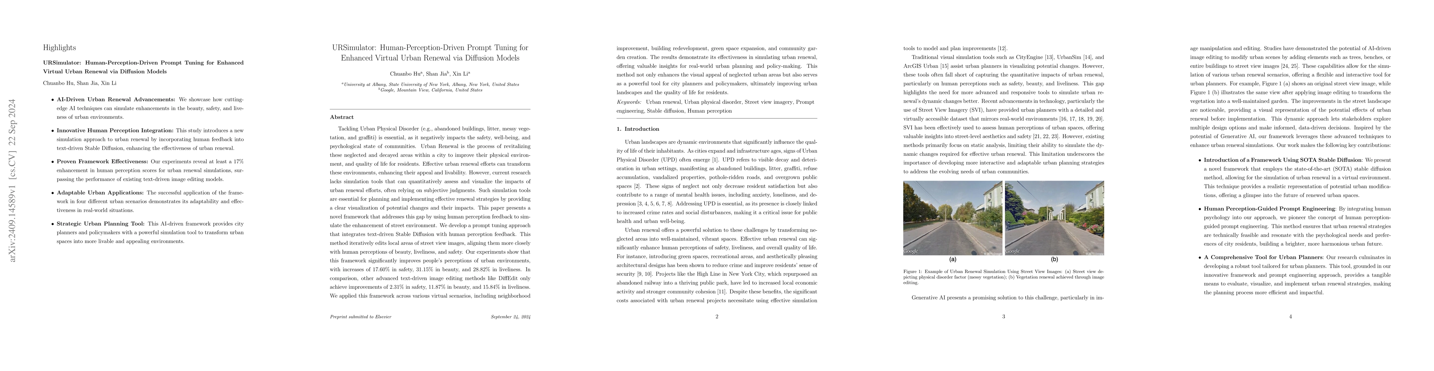 Thumbnail for URSimulator: Human-Perception-Driven Prompt Tuning for Enhanced Virtual
  Urban Renewal via Diffusion Models
