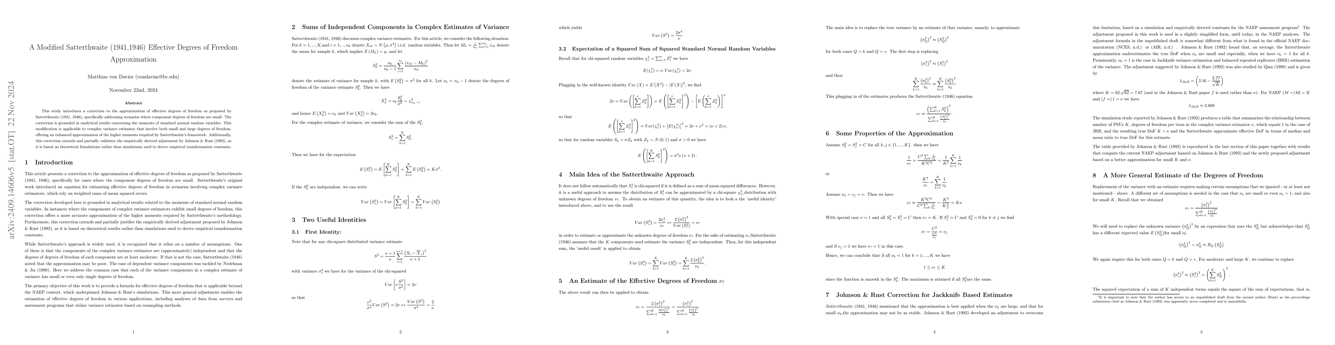 Thumbnail for A Modified Satterthwaite (1941,1946) Effective Degrees of Freedom
  Approximation