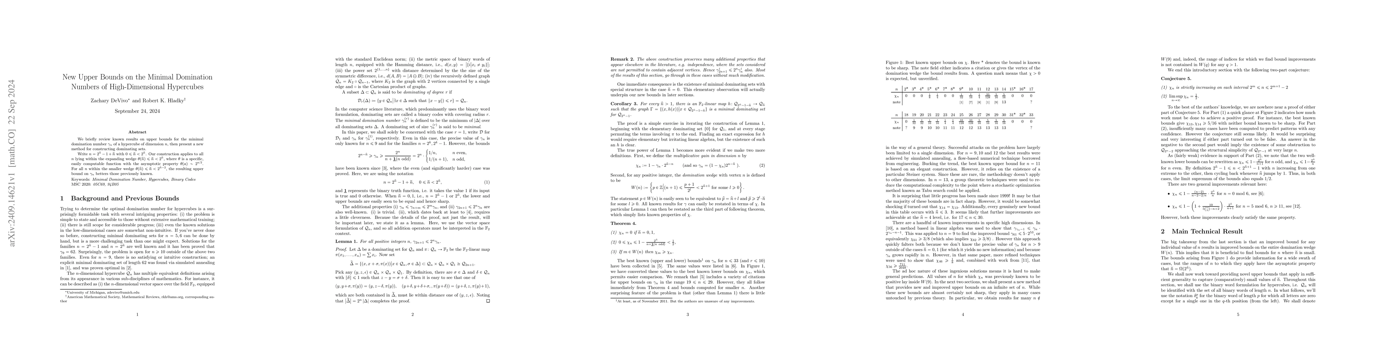 Thumbnail for New Upper Bounds on the Minimal Domination Numbers of High-Dimensional
  Hypercubes