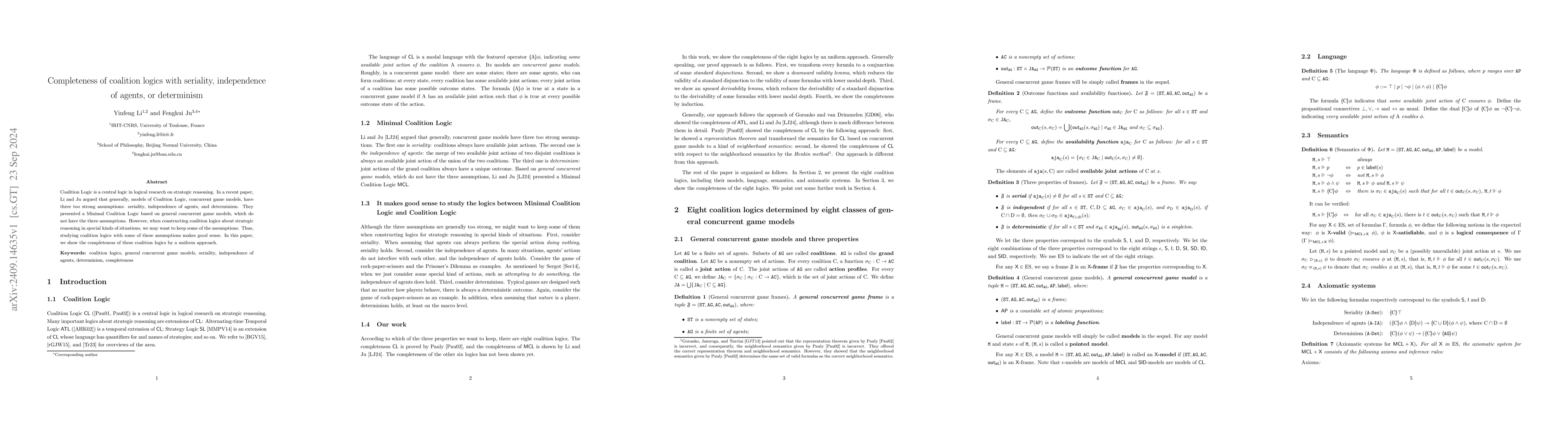 Thumbnail for Completeness of coalition logics with seriality, independence of agents,
  or determinism