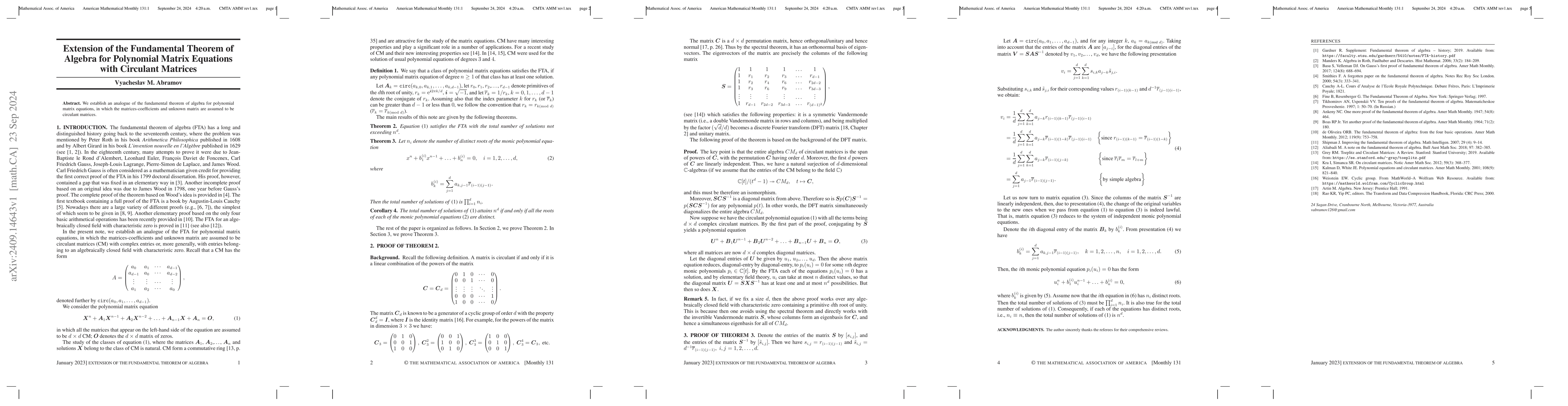 Thumbnail for Extension of the Fundamental Theorem of Algebra for Polynomial Matrix
  Equations with Circulant Matrices