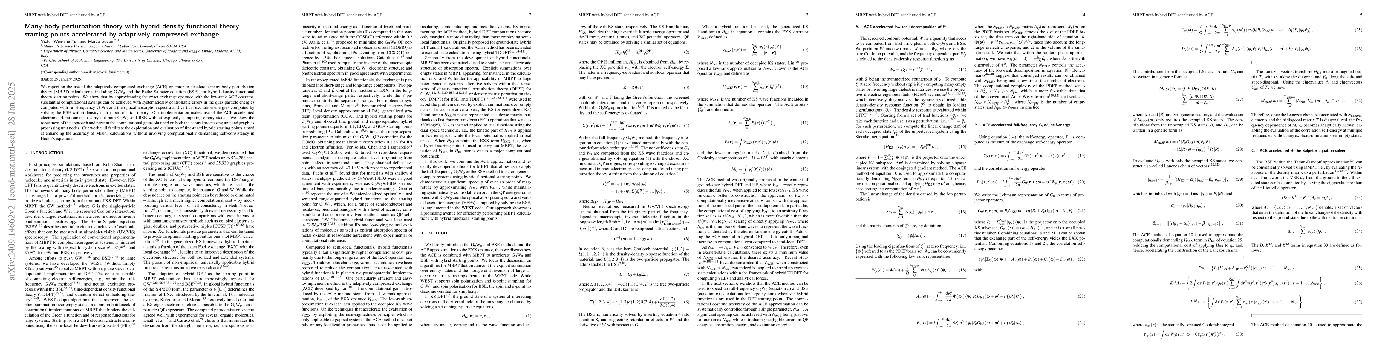 Thumbnail for Many-body perturbation theory with hybrid density functional theory
  starting points accelerated by adaptively compressed exchange