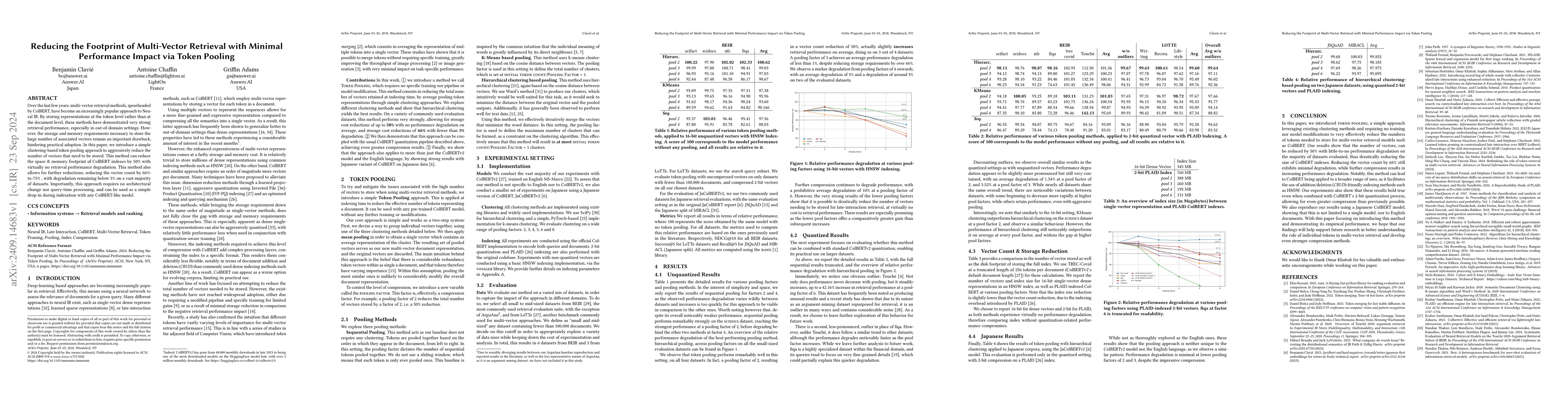 Thumbnail for Reducing the Footprint of Multi-Vector Retrieval with Minimal
  Performance Impact via Token Pooling