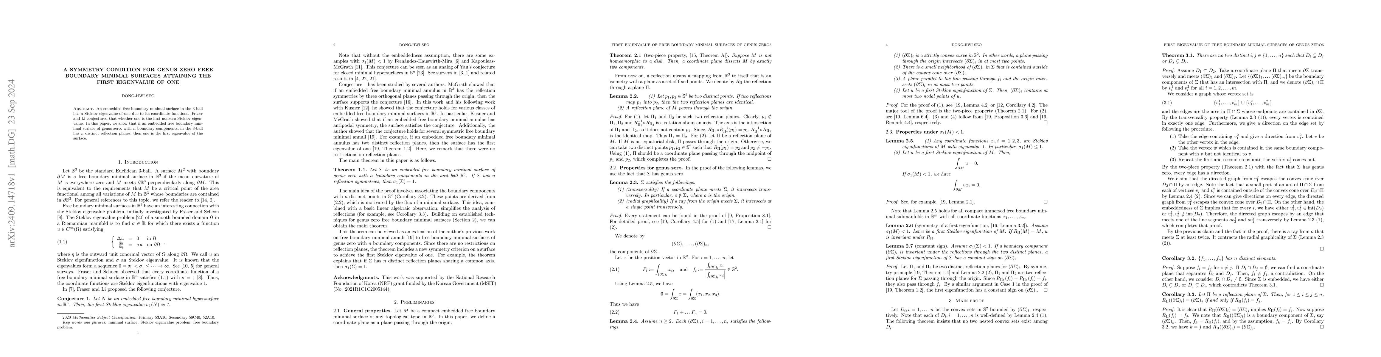 Thumbnail for A symmetry condition for genus zero free boundary minimal surfaces
  attaining the first eigenvalue of one