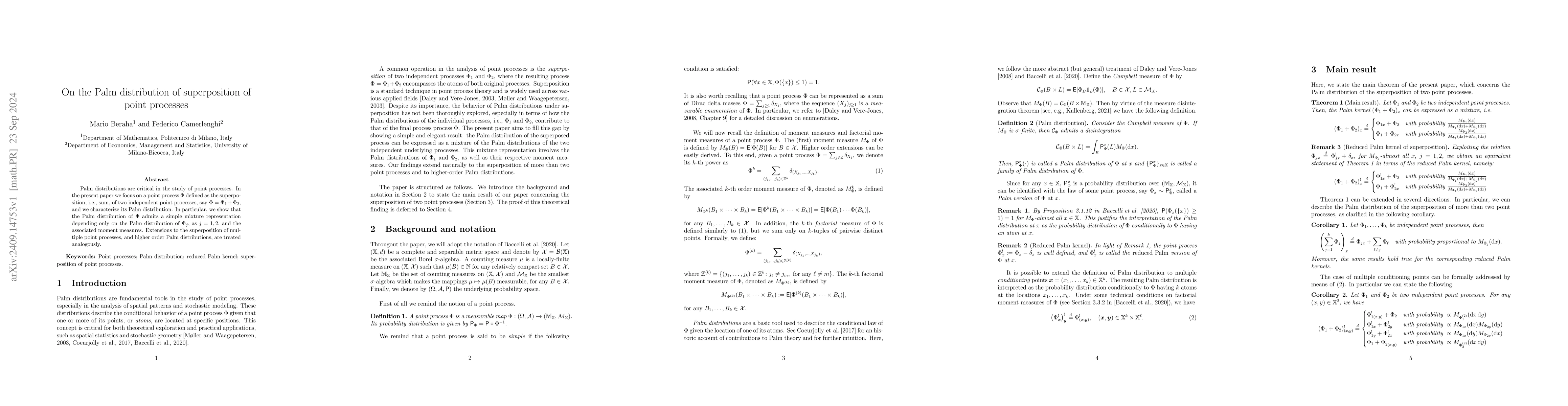 Thumbnail for On the Palm distribution of superposition of point processes