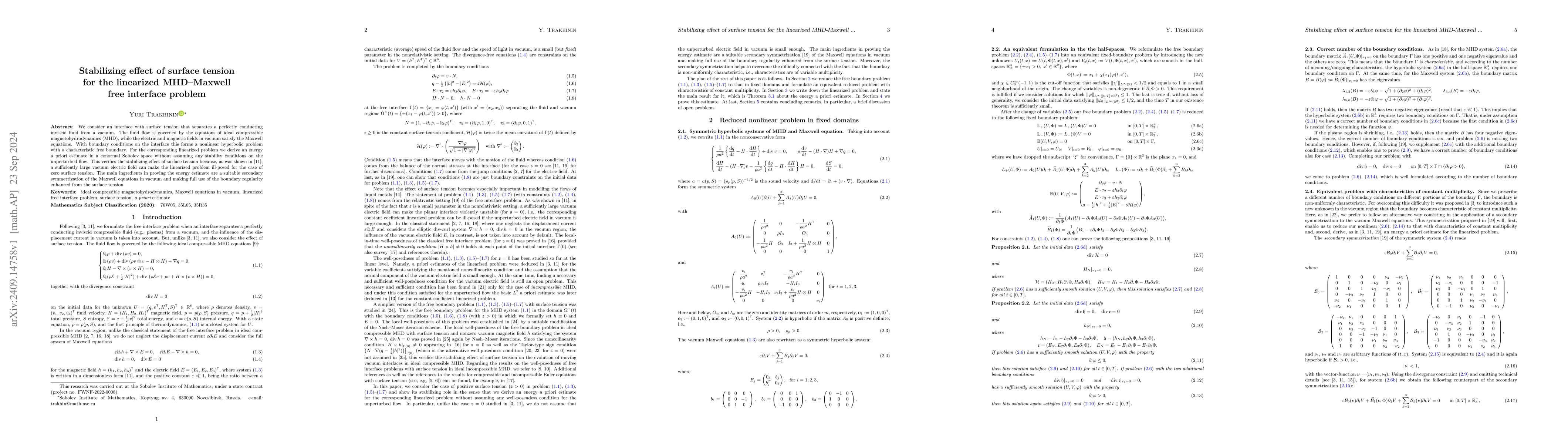 Thumbnail for Stabilizing effect of surface tension for the linearized MHD-Maxwell
  free interface problem