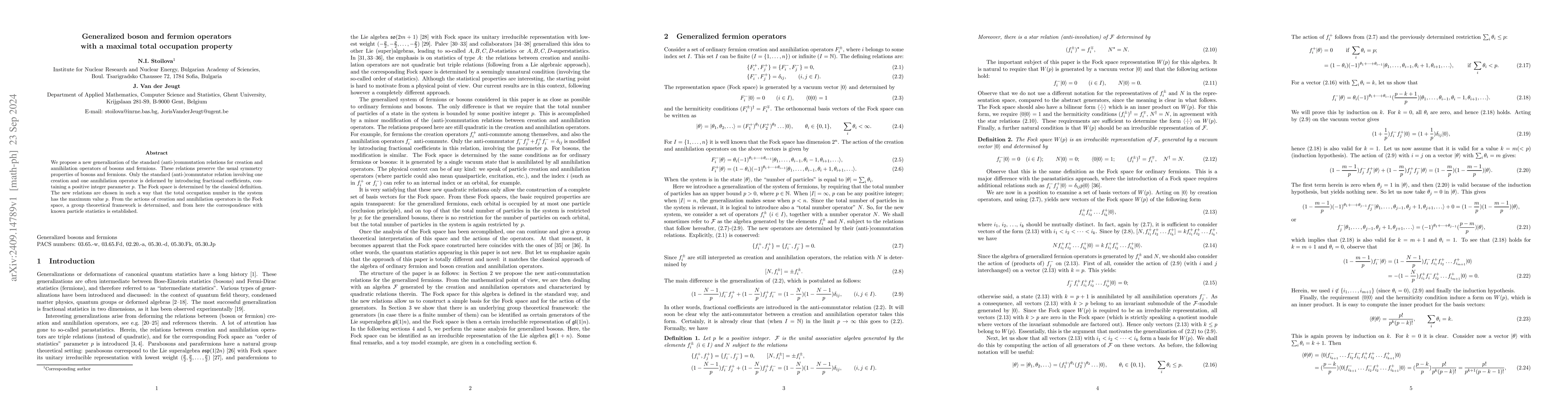 Thumbnail for Generalized boson and fermion operators with a maximal total occupation
  property