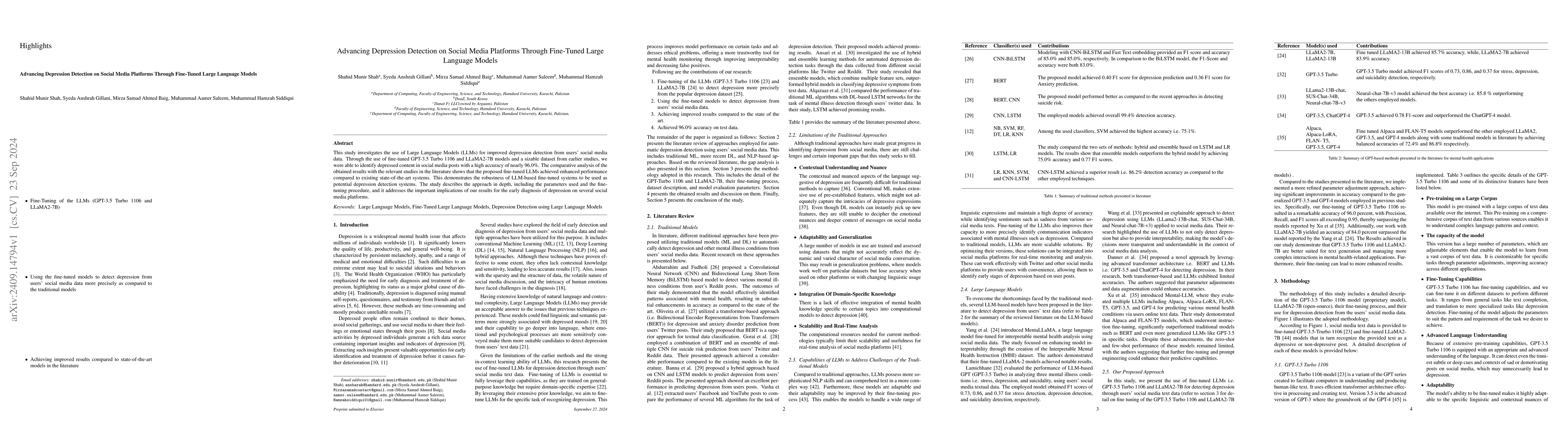 Thumbnail for Advancing Depression Detection on Social Media Platforms Through
  Fine-Tuned Large Language Models