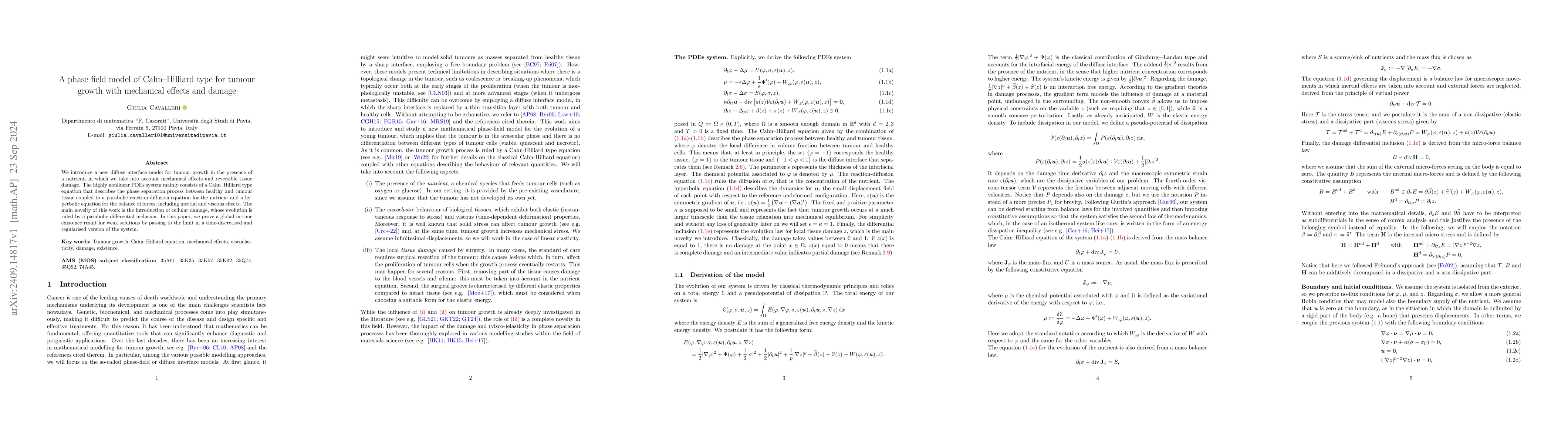 Thumbnail for A phase field model of Cahn-Hilliard type for tumour growth with
  mechanical effects and damage