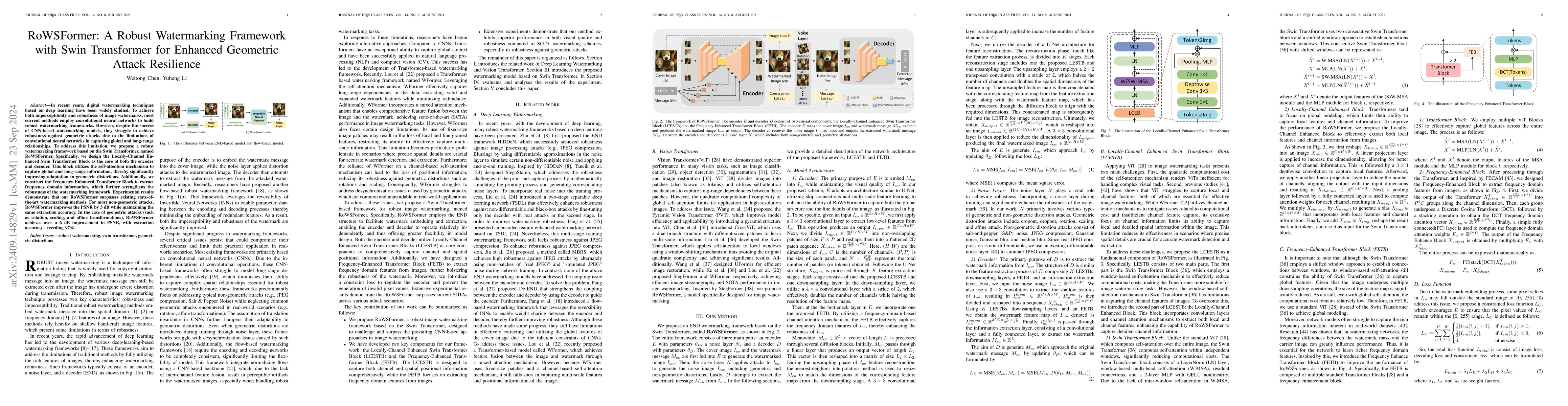 Thumbnail for RoWSFormer: A Robust Watermarking Framework with Swin Transformer for
  Enhanced Geometric Attack Resilience