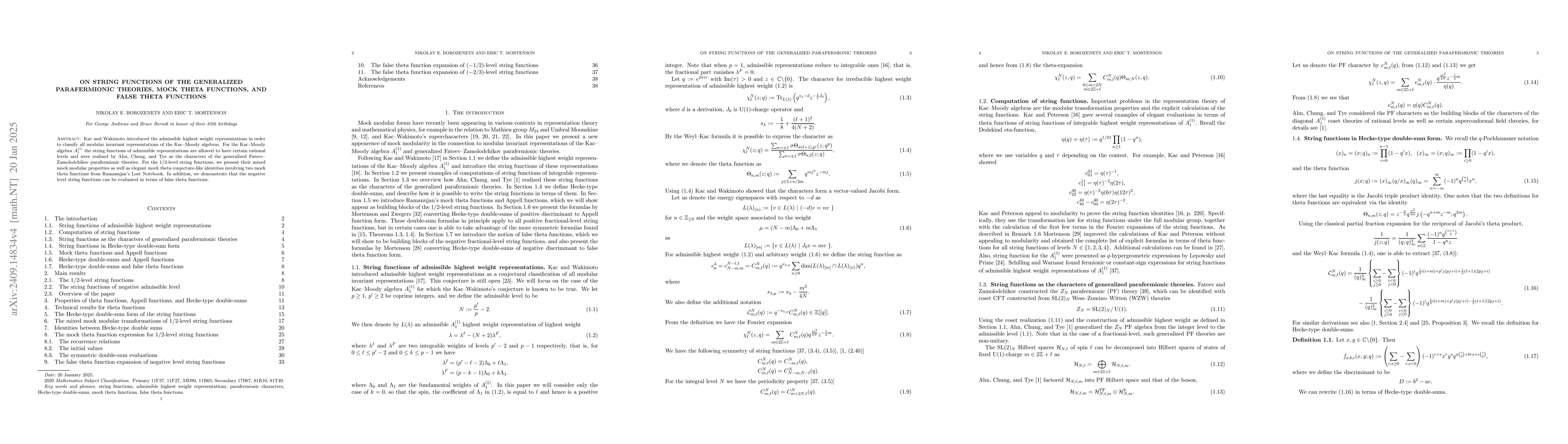 Thumbnail for On string functions of the generalized parafermionic theories, mock
  theta functions, and false theta functions