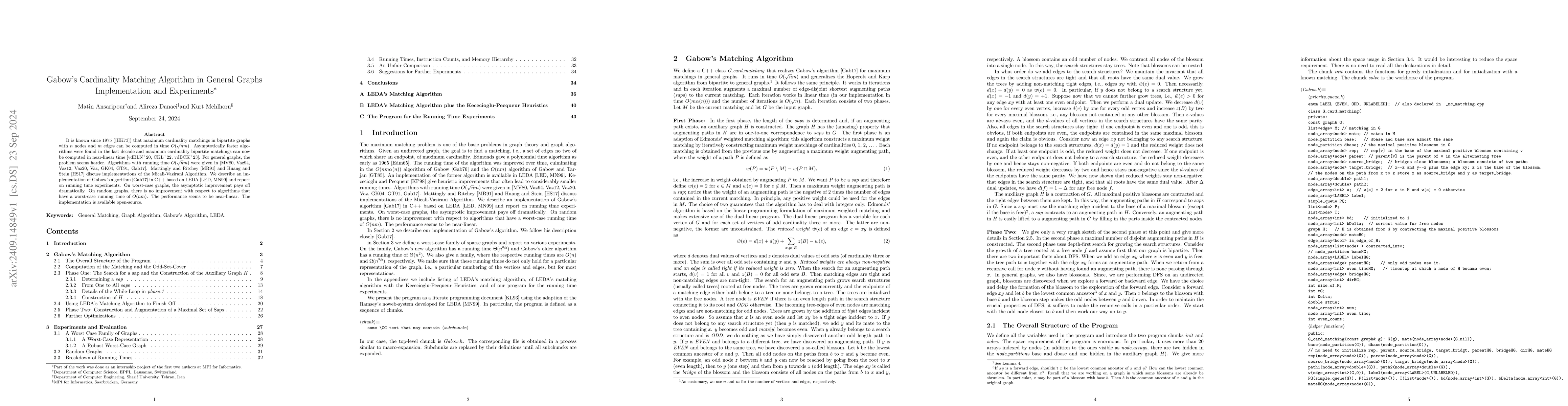 Thumbnail for Gabow's Cardinality Matching Algorithm in General Graphs: Implementation
  and Experiments
