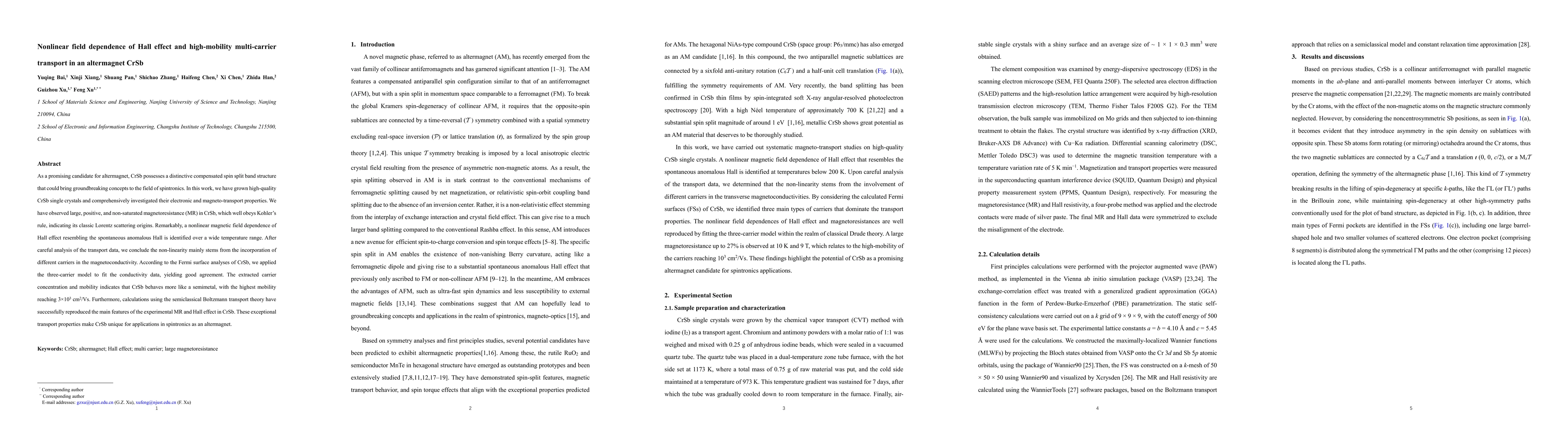 Thumbnail for Nonlinear field dependence of Hall effect and high-mobility
  multi-carrier transport in an altermagnet CrSb