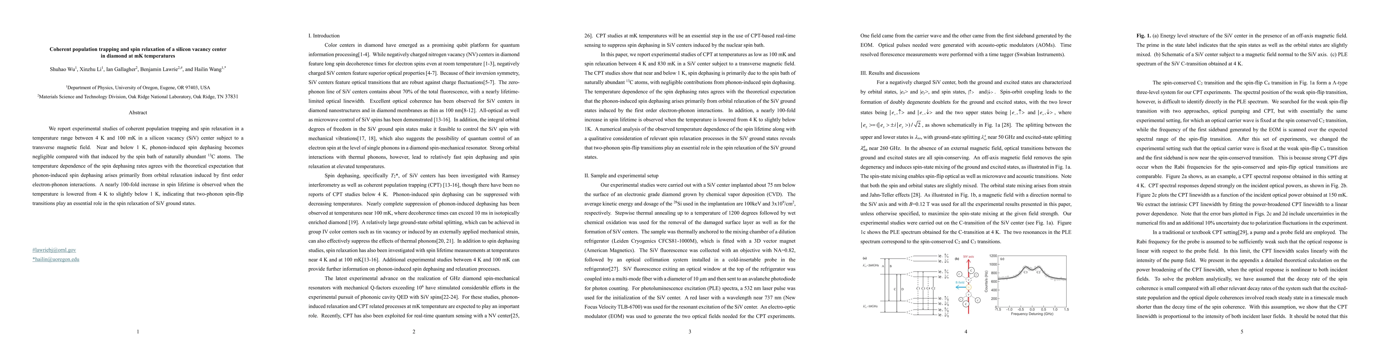 Thumbnail for Coherent population trapping and spin relaxation of a silicon vacancy
  center in diamond at mK temperatures