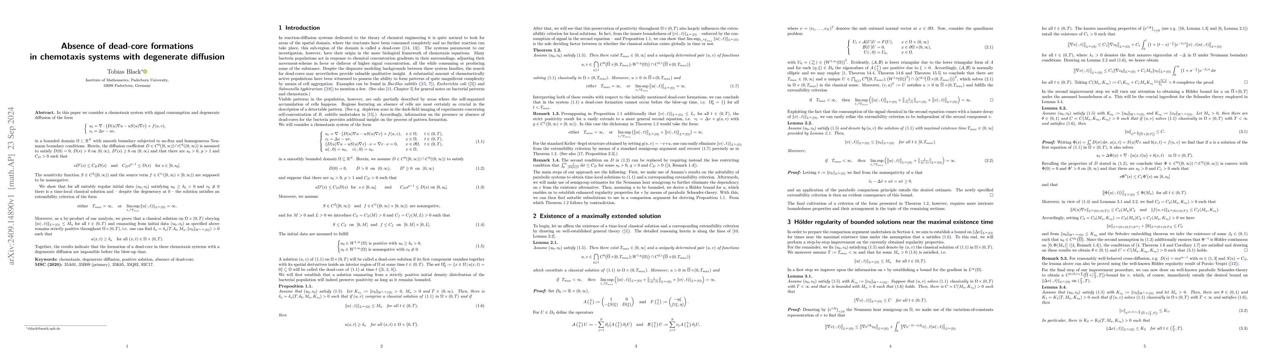 Thumbnail for Absence of dead-core formations in chemotaxis systems with degenerate
  diffusion