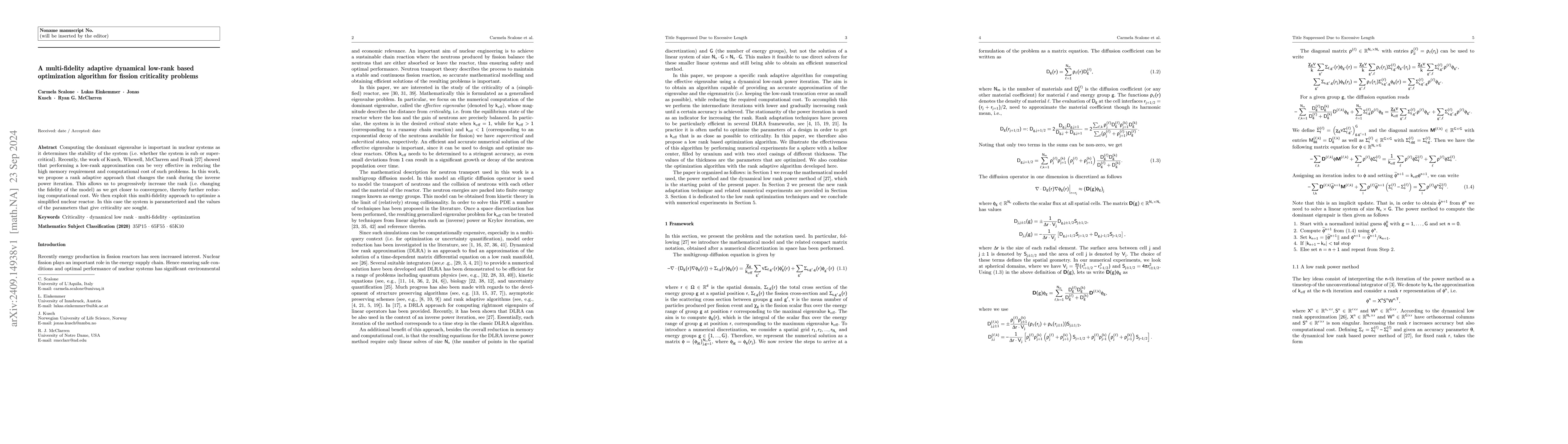 Thumbnail for A multi-fidelity adaptive dynamical low-rank based optimization
  algorithm for fission criticality problems