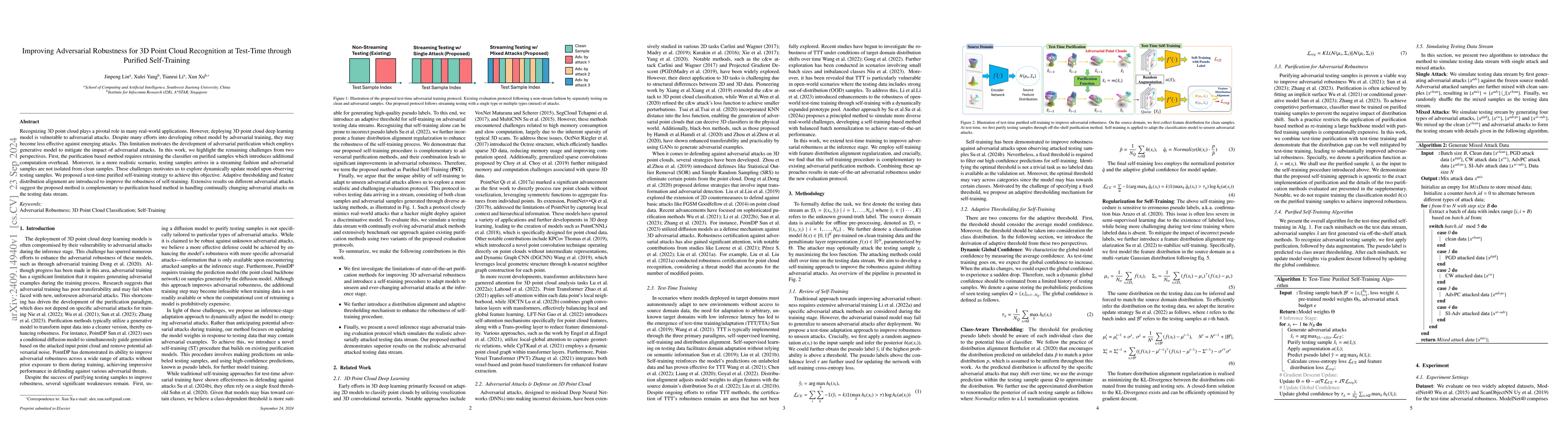 Thumbnail for Improving Adversarial Robustness for 3D Point Cloud Recognition at
  Test-Time through Purified Self-Training