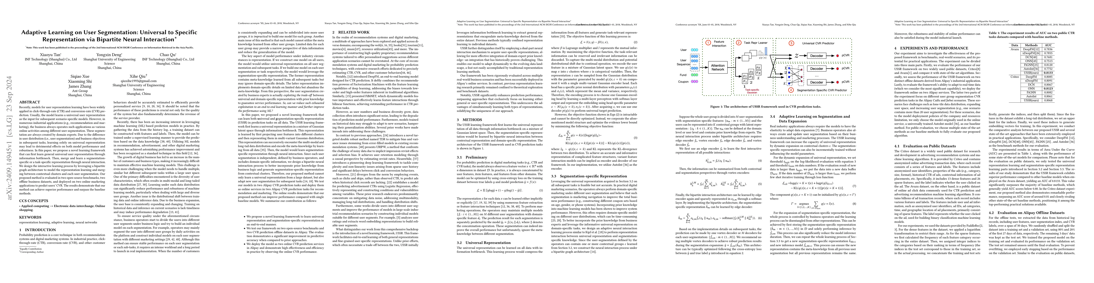 Thumbnail for Adaptive Learning on User Segmentation: Universal to Specific
  Representation via Bipartite Neural Interaction