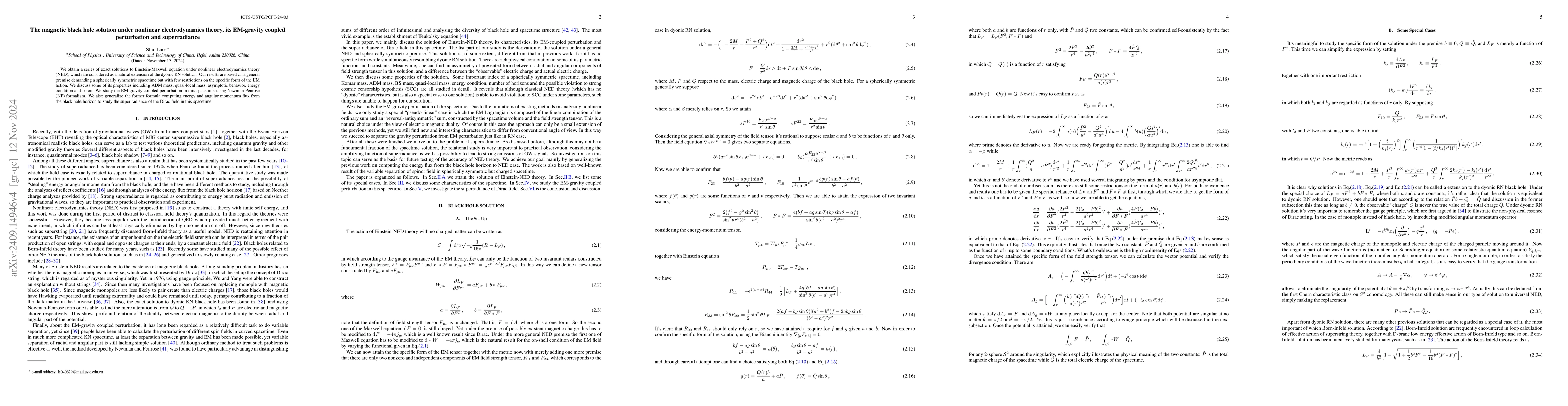Thumbnail for The magnetic black hole solution under nonlinear electrodynamics theory,
  its EM-gravity coupled perturbation and superradiance