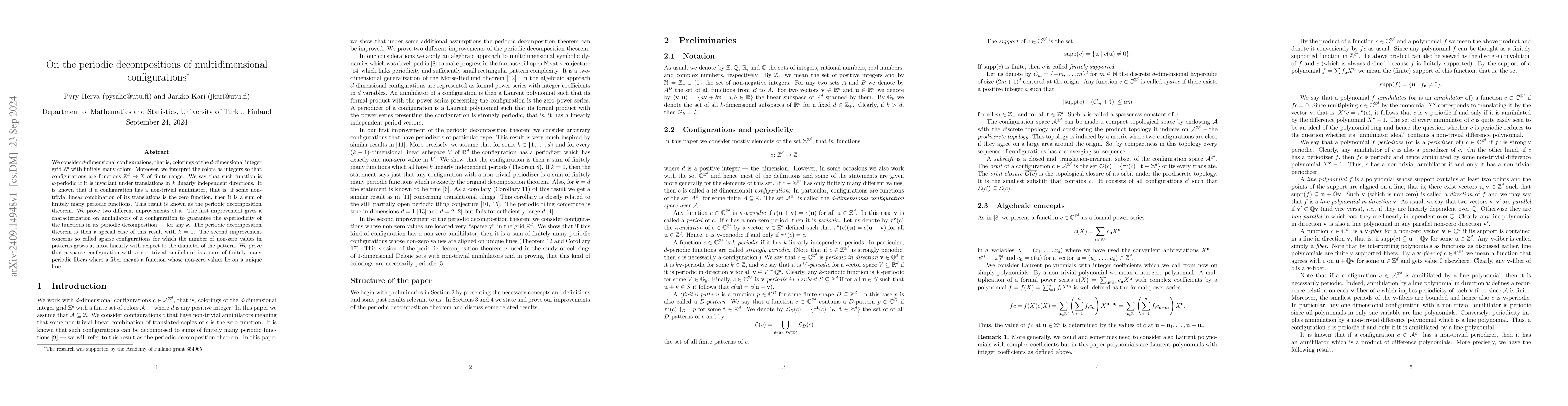 Thumbnail for On the periodic decompositions of multidimensional configurations
