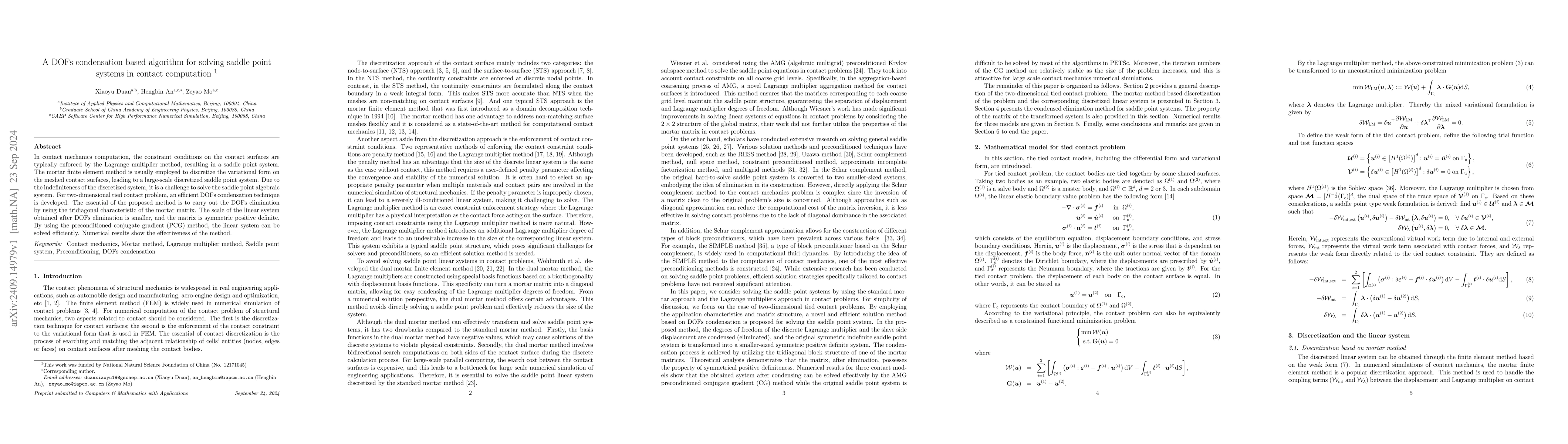 Thumbnail for A DOFs condensation based algorithm for solving saddle point systems in
  contact computation
