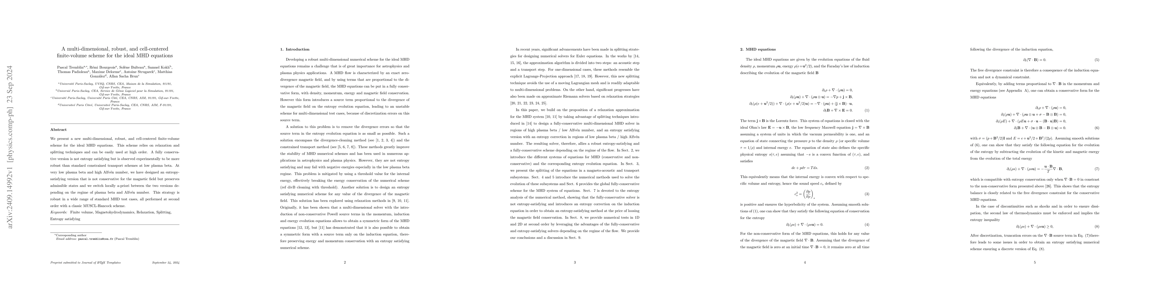 Thumbnail for A multi-dimensional, robust, and cell-centered finite-volume scheme for
  the ideal MHD equations