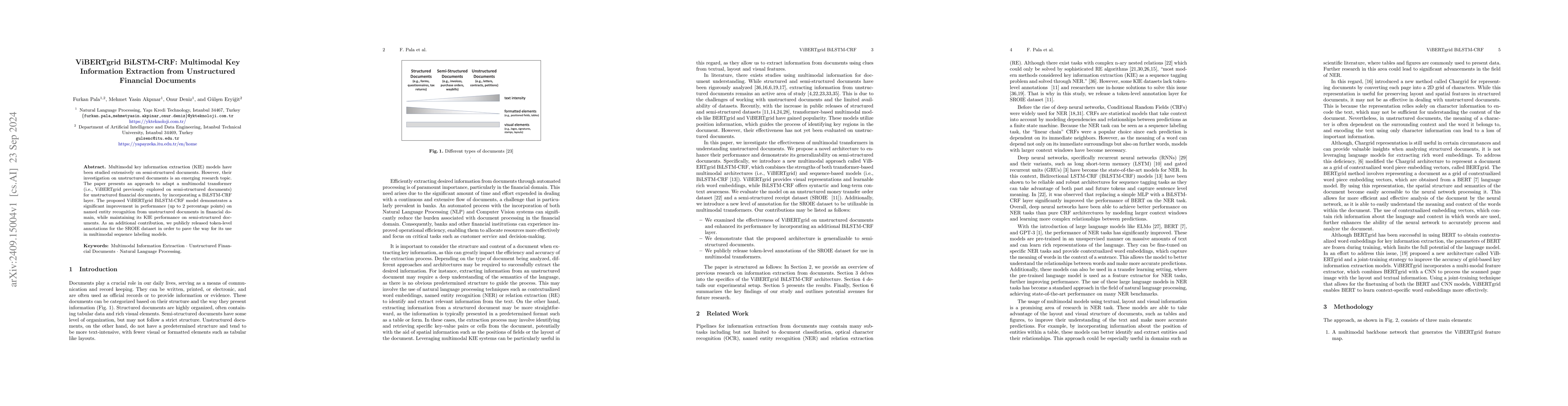 Thumbnail for ViBERTgrid BiLSTM-CRF: Multimodal Key Information Extraction from
  Unstructured Financial Documents