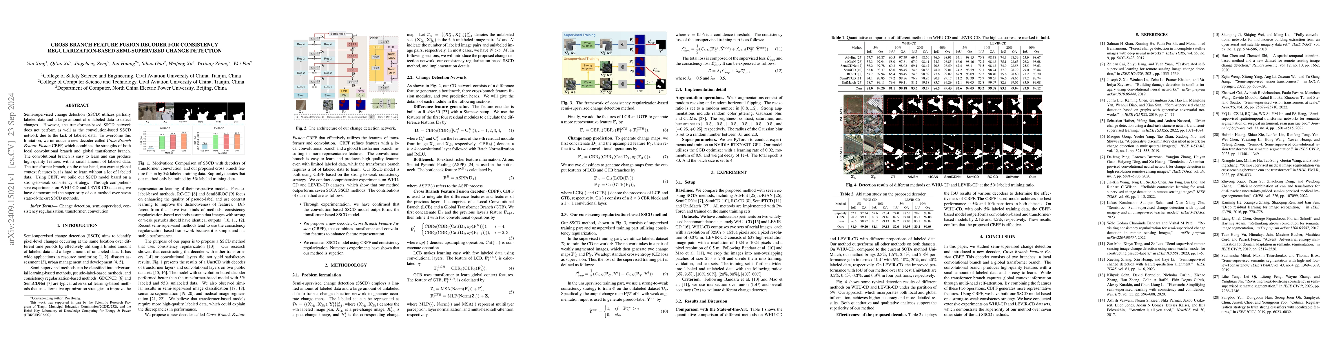 Thumbnail for Cross Branch Feature Fusion Decoder for Consistency Regularization-based
  Semi-Supervised Change Detection