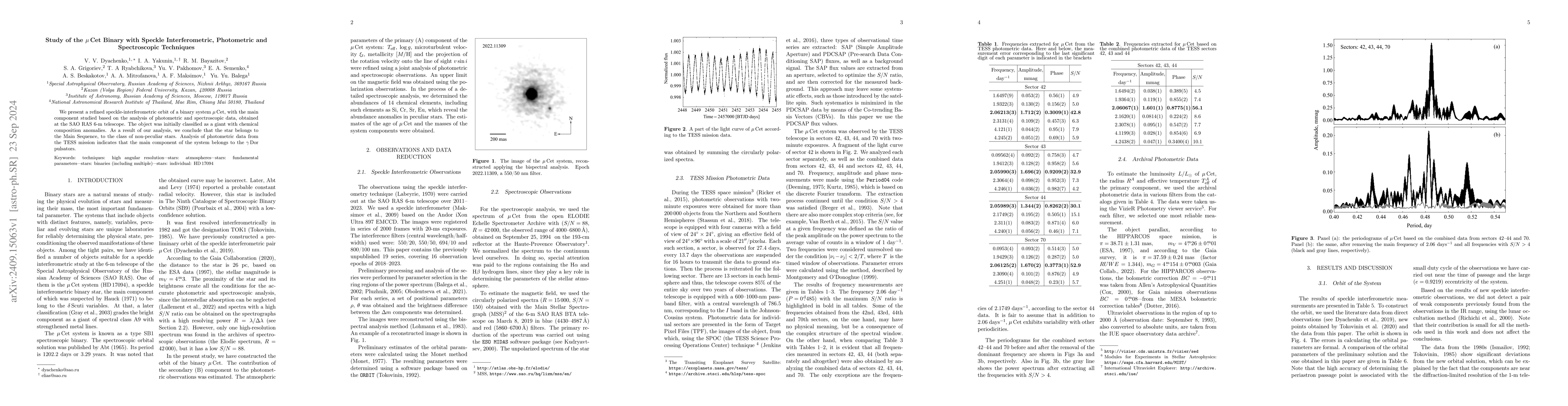 Thumbnail for Study of the $μ$ Cet Binary with Speckle Interferometric, Photometric
  and Spectroscopic Techniques
