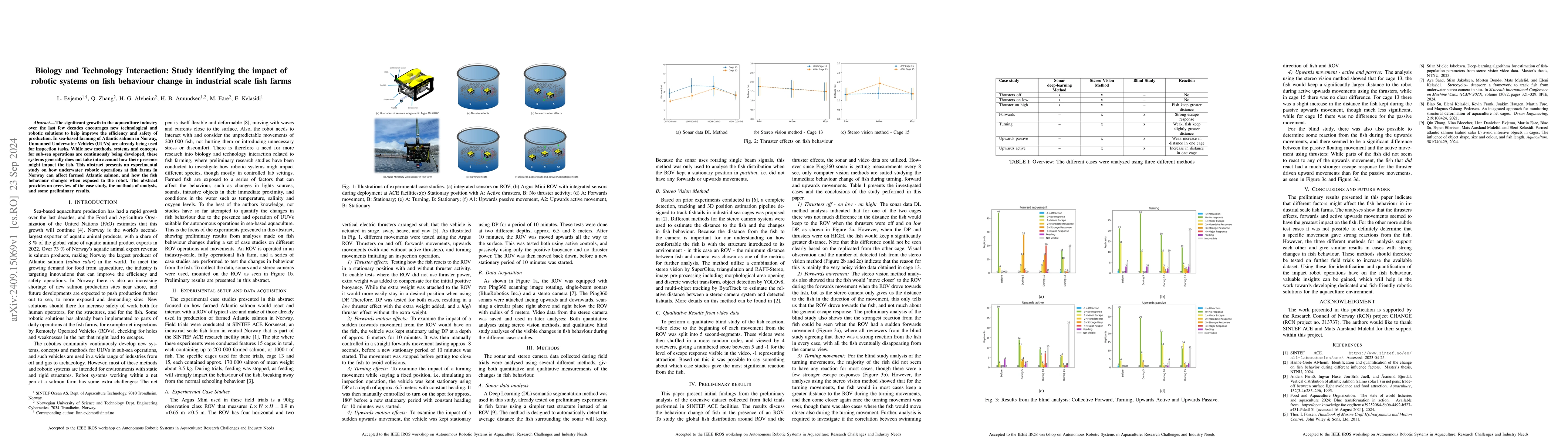 Thumbnail for Biology and Technology Interaction: Study identifying the impact of
  robotic systems on fish behaviour change in industrial scale fish farms