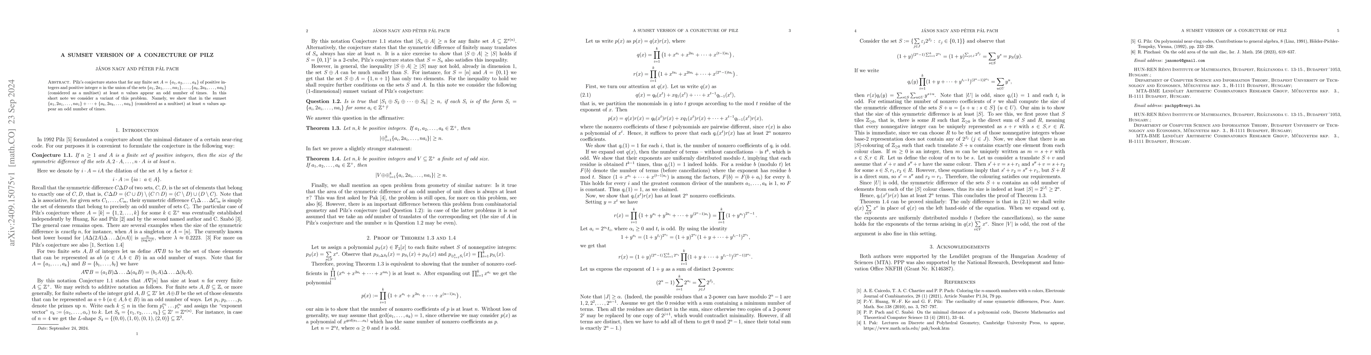 Thumbnail for A sumset version of a conjecture of Pilz